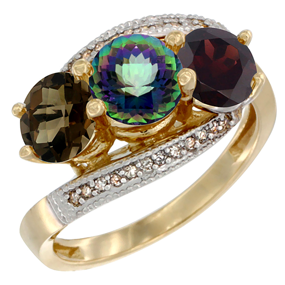 10K Yellow Gold Natural Smoky Topaz, Mystic Topaz & Garnet 3 stone Ring Round 6mm Diamond Accent, sizes 5 - 10