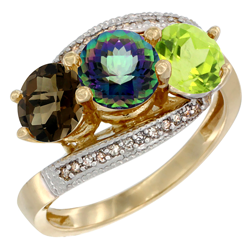 10K Yellow Gold Natural Smoky Topaz, Mystic Topaz & Peridot 3 stone Ring Round 6mm Diamond Accent, sizes 5 - 10