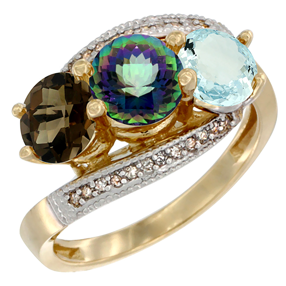 10K Yellow Gold Natural Smoky Topaz, Mystic Topaz & Aquamarine 3 stone Ring Round 6mm Diamond Accent, sizes 5 - 10