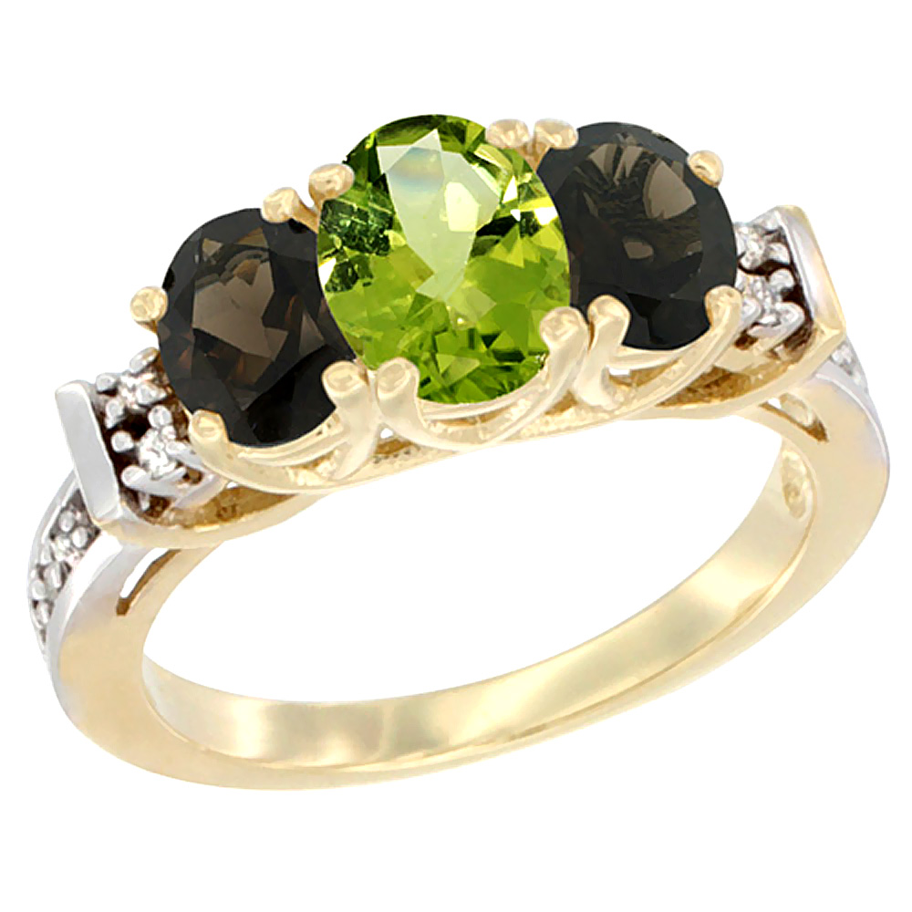 10K Yellow Gold Natural Peridot & Smoky Topaz Ring 3-Stone Oval Diamond Accent