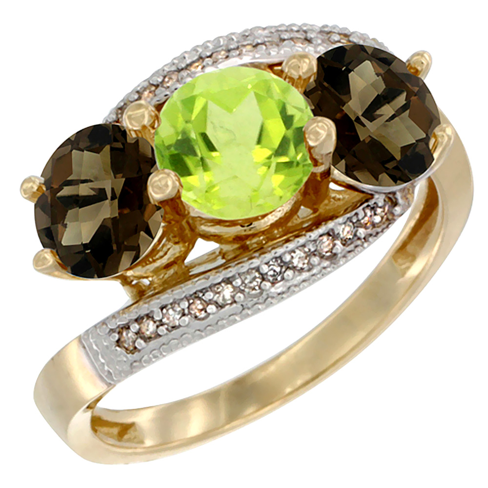 10K Yellow Gold Natural Peridot & Smoky Topaz Sides 3 stone Ring Round 6mm Diamond Accent, sizes 5 - 10