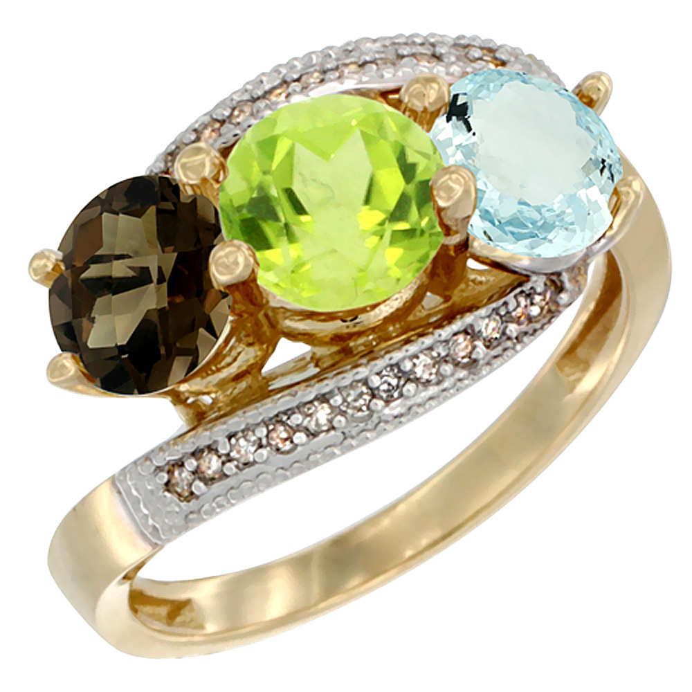 10K Yellow Gold Natural Smoky Topaz, Peridot & Aquamarine 3 stone Ring Round 6mm Diamond Accent, sizes 5 - 10