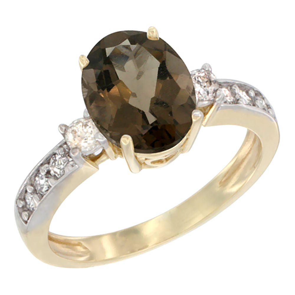 10K White Gold Natural Smoky Topaz Ring Oval 9x7 mm Diamond Accent, sizes 5 - 10