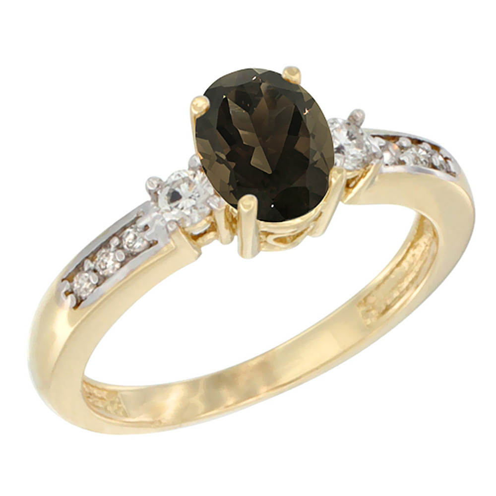14K White Gold Diamond Natural Smoky Topaz Engagement Ring Oval 7x5 mm, sizes 5 - 10