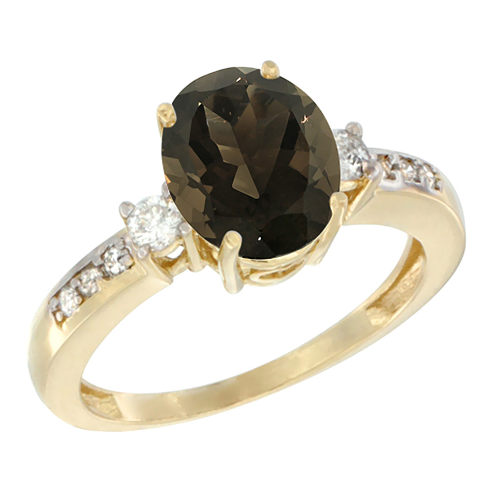 14K Yellow Gold Natural Smoky Topaz Ring Oval 9x7 mm Diamond Accent, sizes 5 - 10