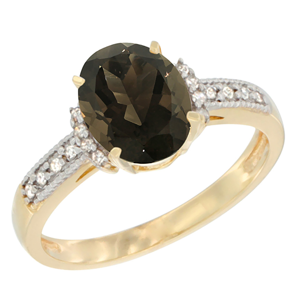 10K Yellow Gold Natural Smoky Topaz Ring Oval 9x7 mm Diamond Accent, sizes 5 - 10