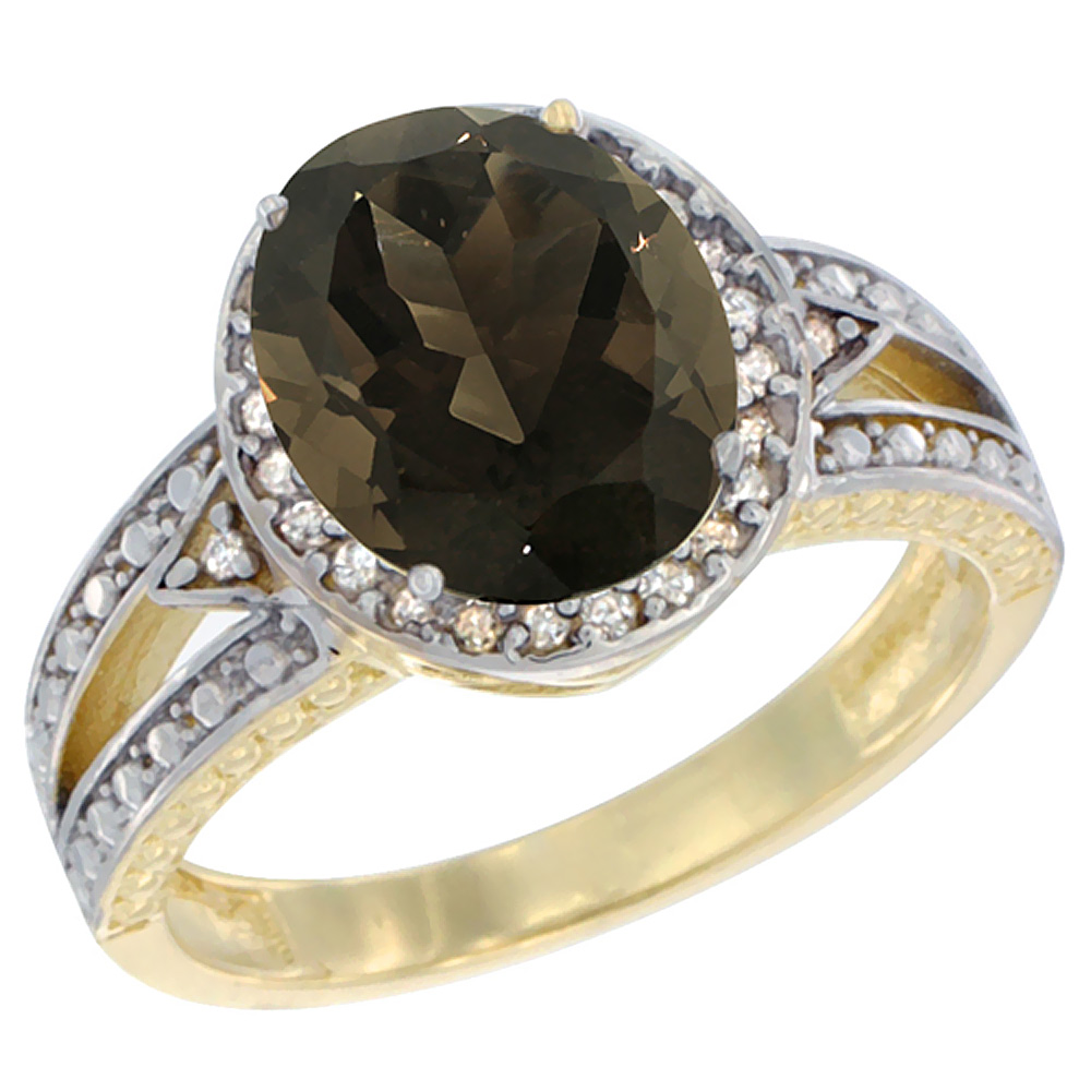 10k Yellow Gold Natural Smoky Topaz Ring Oval 9x7 mm Diamond Halo, sizes 5 - 10
