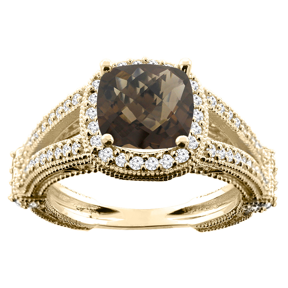 14K White/Yellow/Rose Gold Natural Smoky Topaz Cushion 8x8mm Diamond Accent 3/8 inch wide, sizes 5 - 10