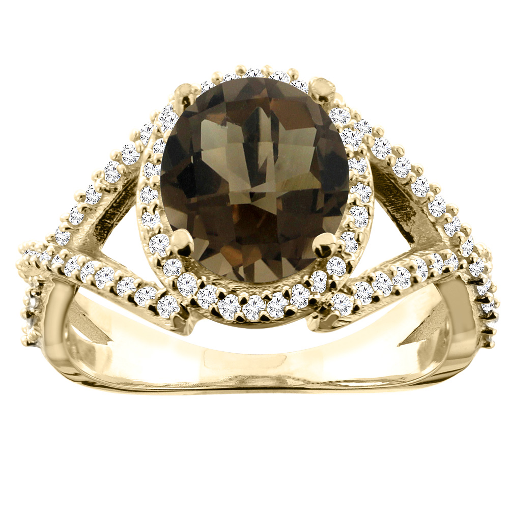 14K Yellow Gold Natural Smoky Topaz Ring Oval 9x7mm Diamond Accent, size 5