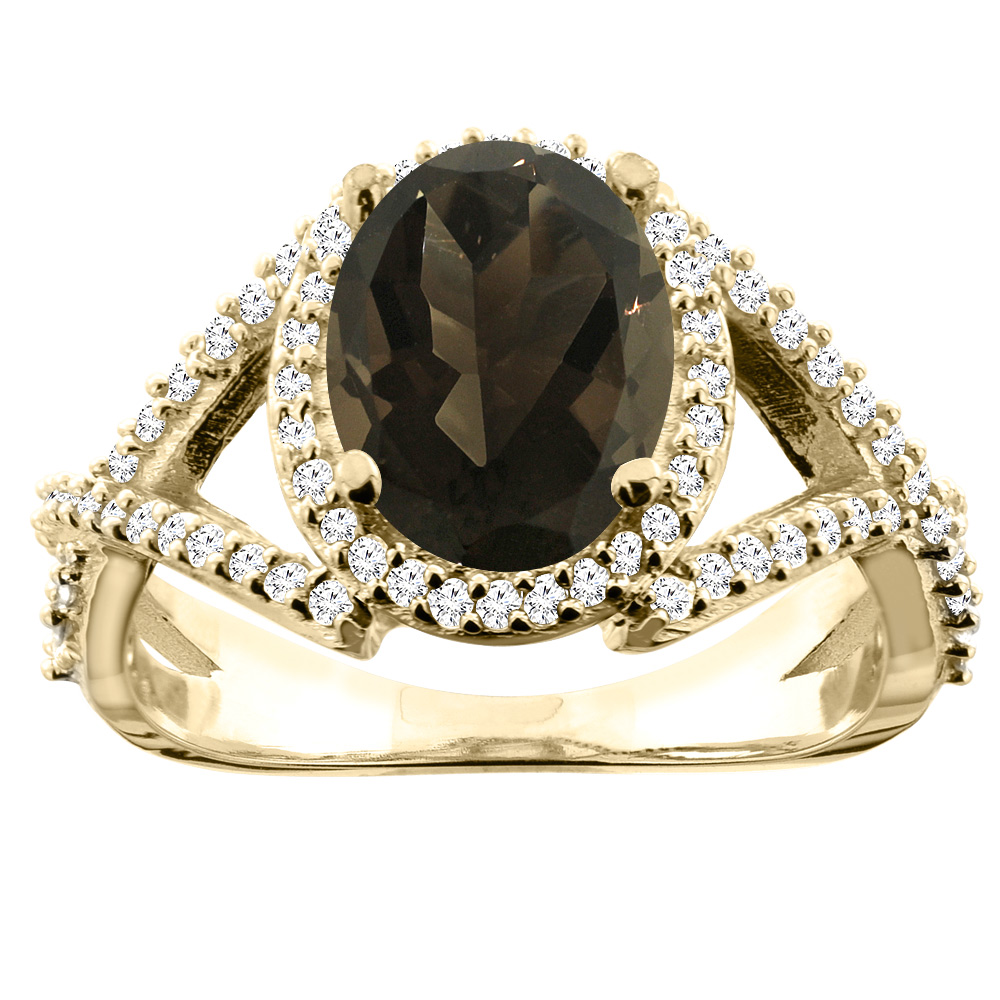 10K White/Yellow/Rose Gold Natural Smoky Topaz Ring Oval 10x8mm Diamond Accent, sizes 5 - 10
