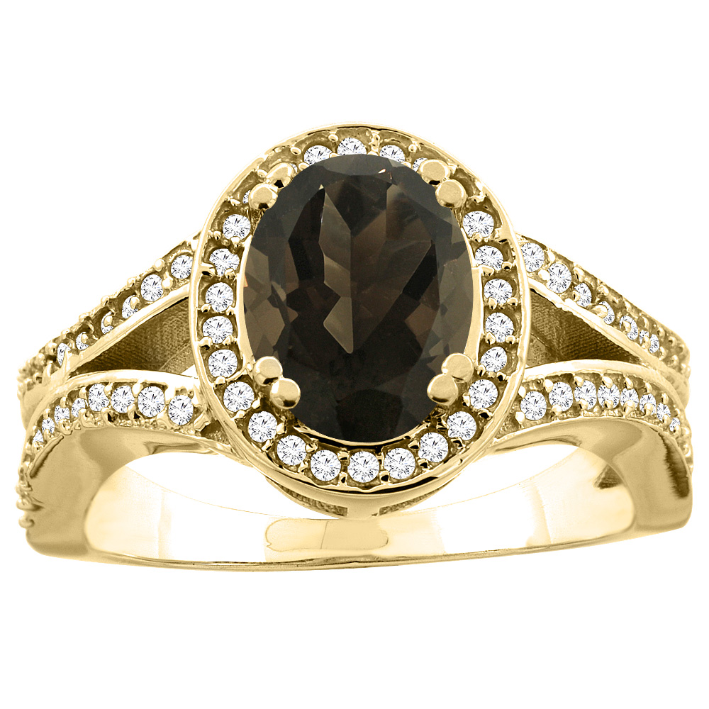 14k Gold Diamond Halo Genuine Smoky Topaz Ring Split Shank Oval 8x6mm, size 5-10