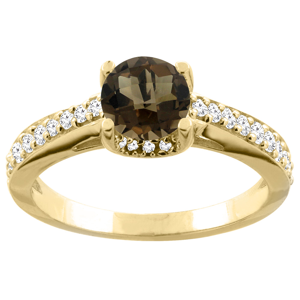 14K Yellow Gold Natural Smoky Topaz Ring Round 6mm Diamond Accents 1/4 inch wide, sizes 5 - 10