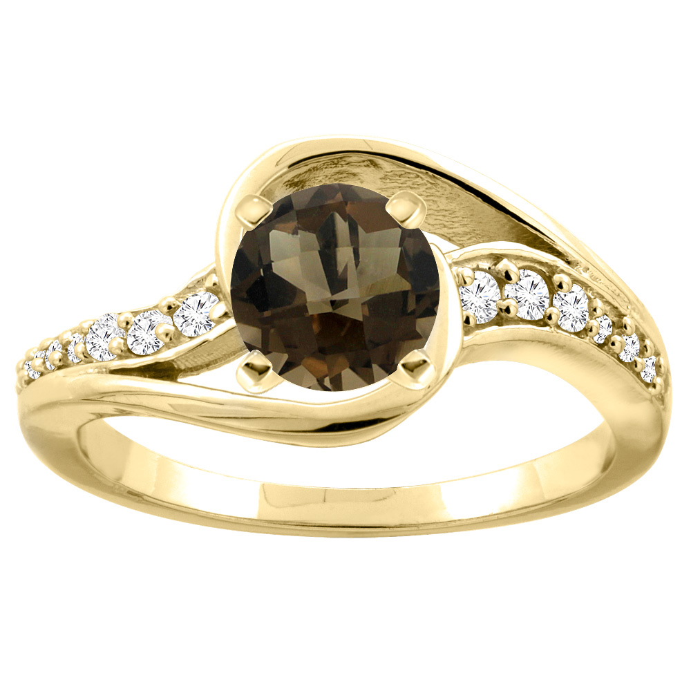 14K White/Yellow Gold Natural Smoky Topaz Bypass Ring Round 6mm Diamond Accent, sizes 5 - 10