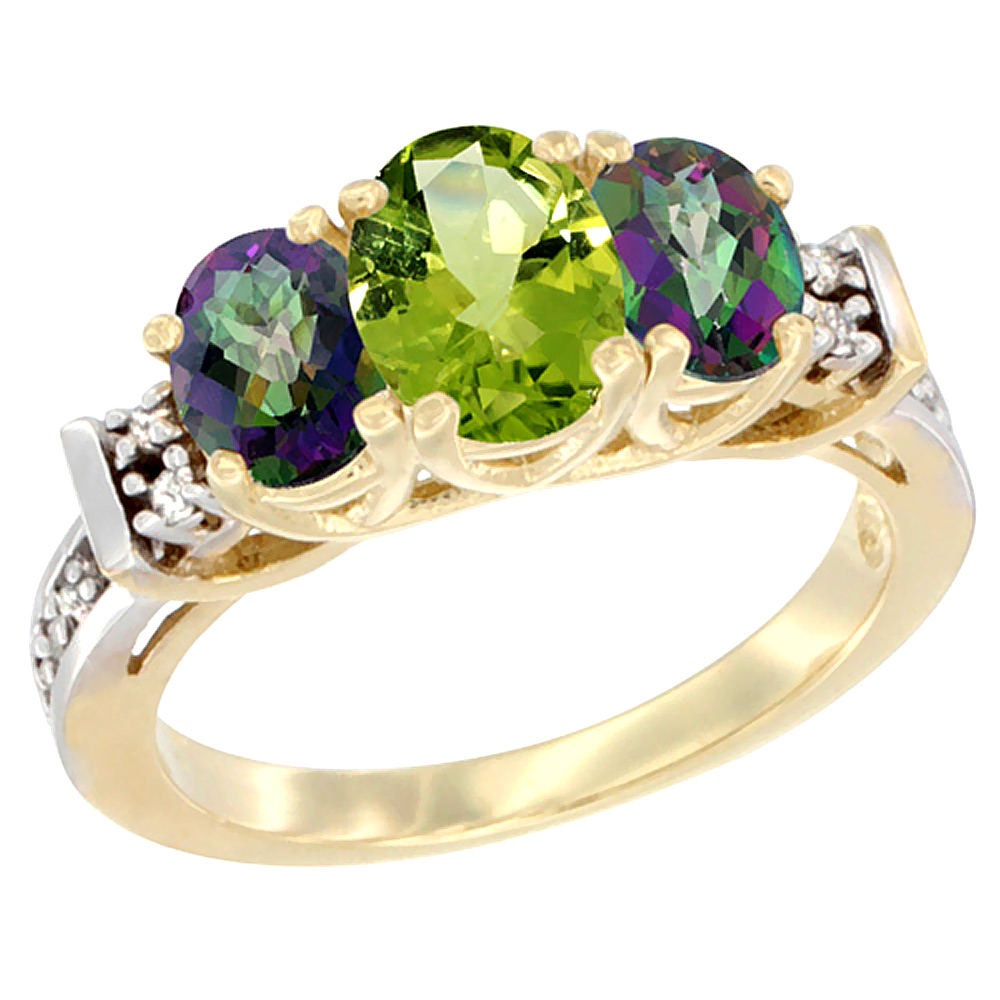 10K Yellow Gold Natural Peridot & Mystic Topaz Ring 3-Stone Oval Diamond Accent