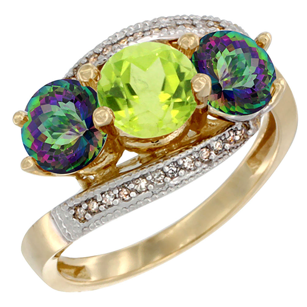 10K Yellow Gold Natural Peridot & Mystic Topaz Sides 3 stone Ring Round 6mm Diamond Accent, sizes 5 - 10