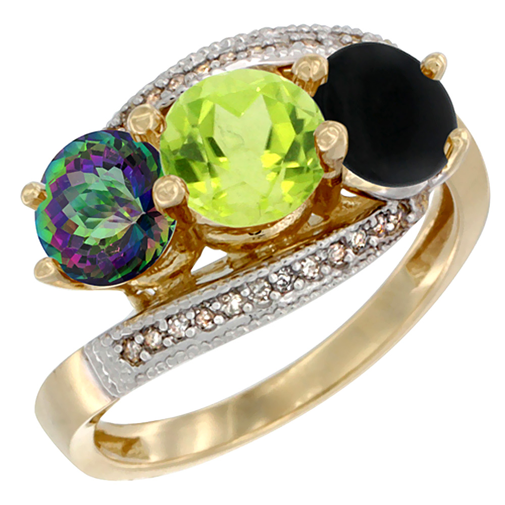 10K Yellow Gold Natural Mystic Topaz, Peridot & Black Onyx 3 stone Ring Round 6mm Diamond Accent, sizes 5 - 10