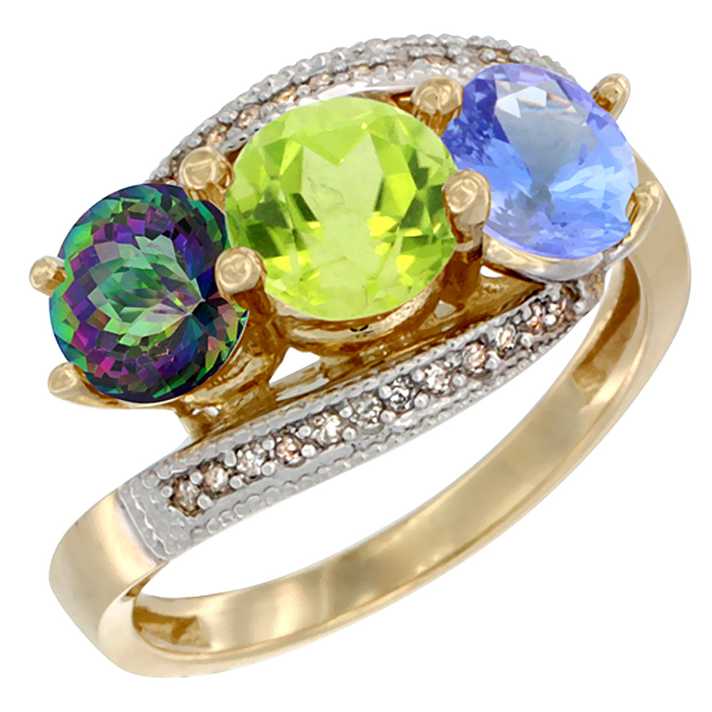10K Yellow Gold Natural Mystic Topaz, Peridot & Tanzanite 3 stone Ring Round 6mm Diamond Accent, sizes 5 - 10