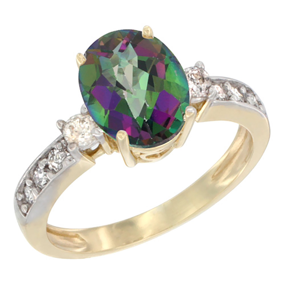 10K White Gold Natural Mystic Topaz Ring Oval 9x7 mm Diamond Accent, sizes 5 - 10