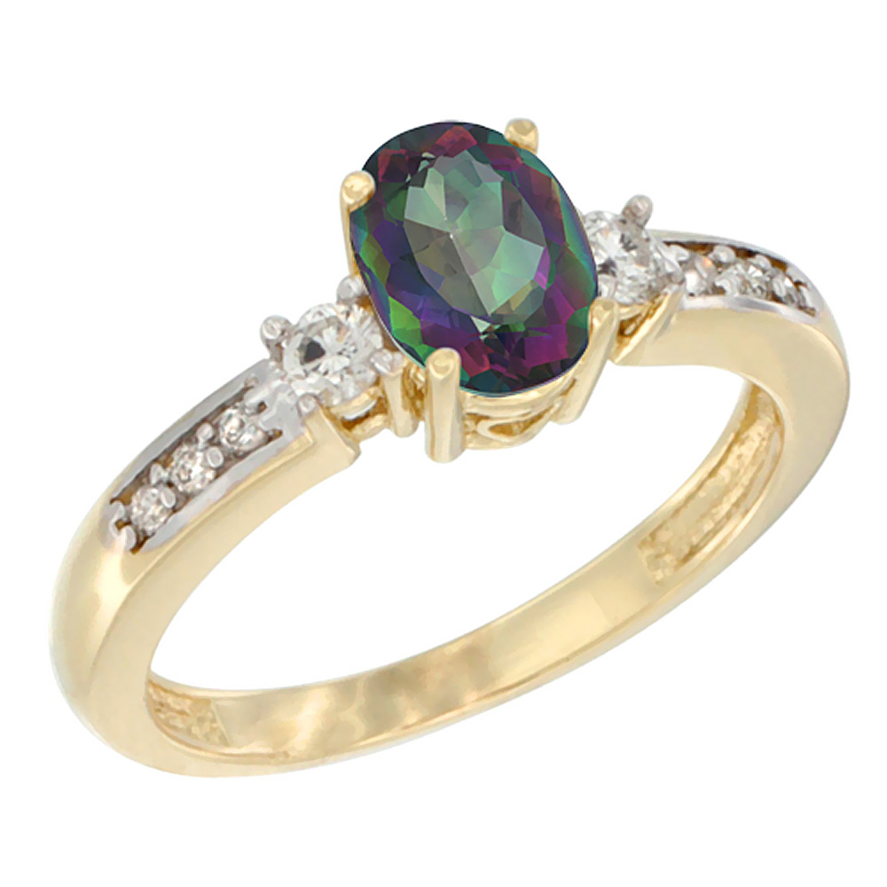 14K White Gold Diamond Natural Mystic Topaz Engagement Ring Oval 7x5 mm, sizes 5 - 10