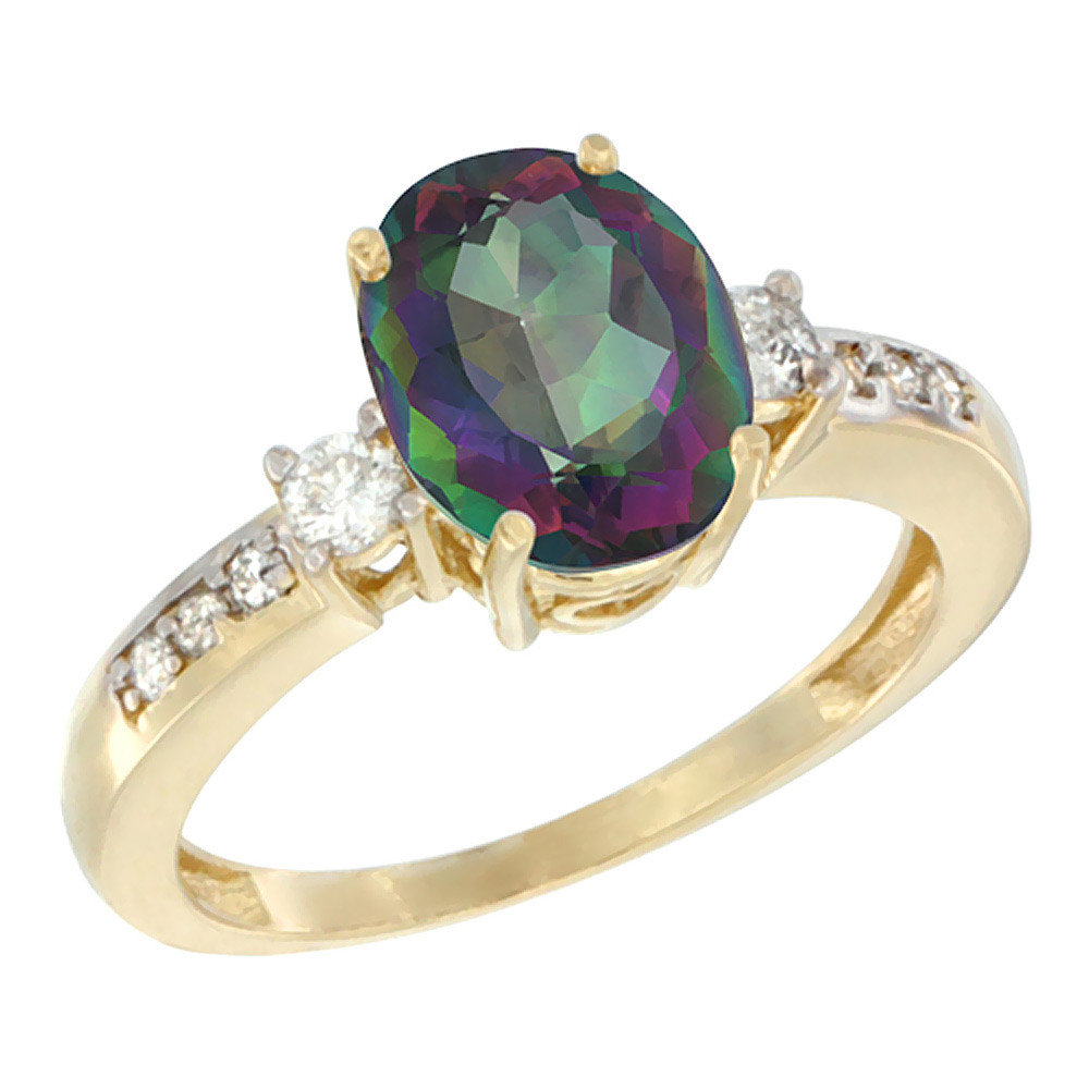 14K Yellow Gold Natural Mystic Topaz Ring Oval 9x7 mm Diamond Accent, sizes 5 - 10