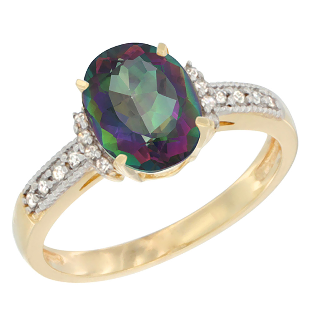 14K Yellow Gold Natural Mystic Topaz Ring Oval 9x7 mm Diamond Accent, sizes 5 - 10