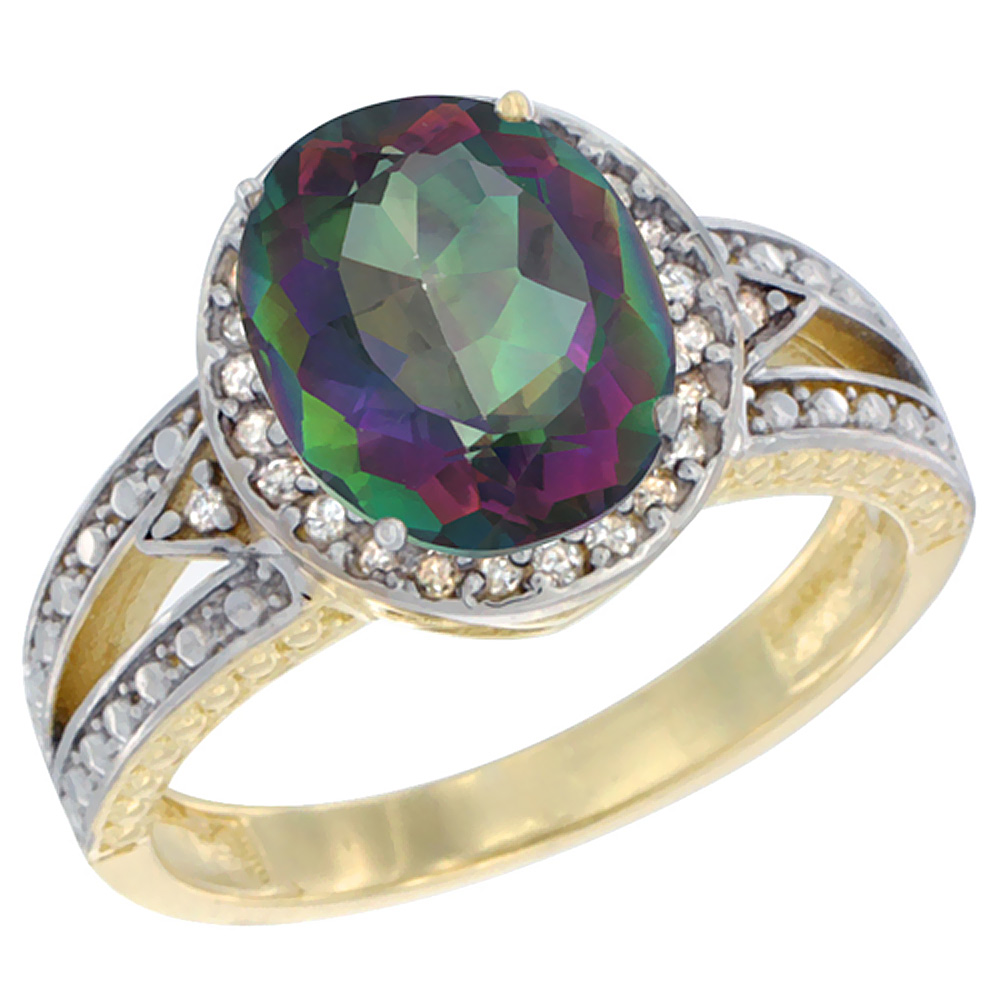 14K Yellow Gold Natural Mystic Topaz Ring Oval 9x7 mm Diamond Halo, sizes 5 - 10