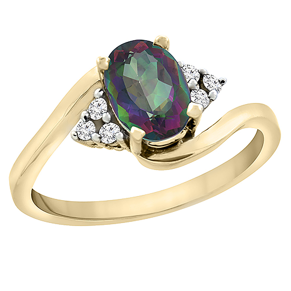 14K White Gold Diamond Natural Mystic Topaz Engagement Ring Oval 7x5mm, sizes 5 - 10