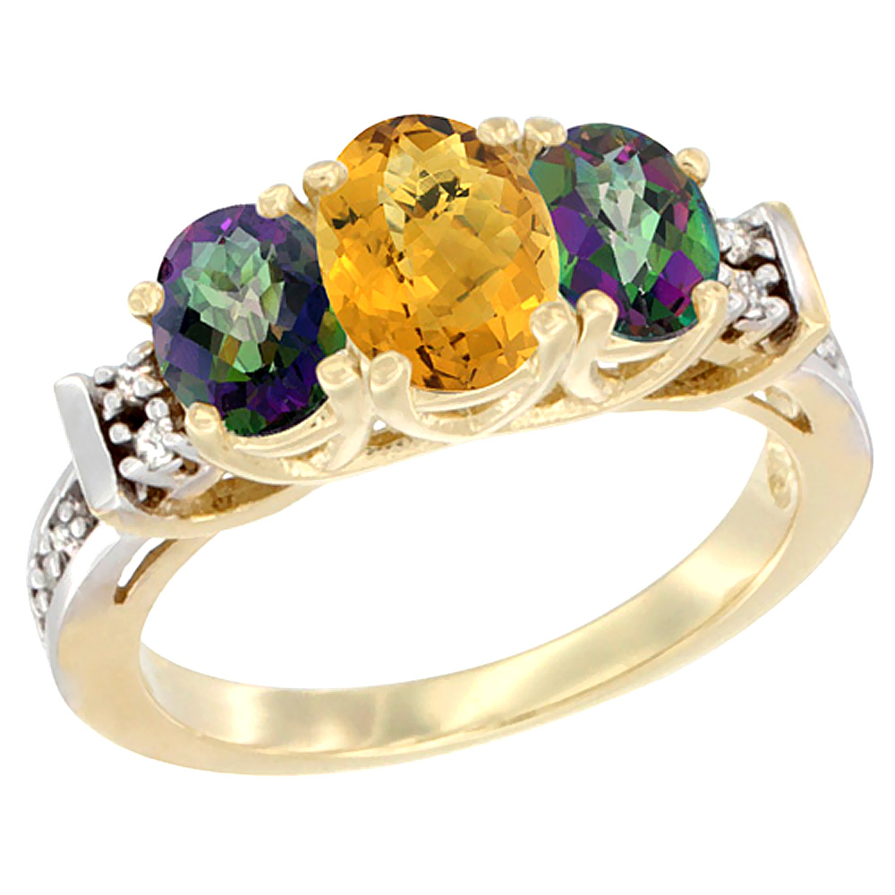 10K Yellow Gold Natural Whisky Quartz & Mystic Topaz Ring 3-Stone Oval Diamond Accent
