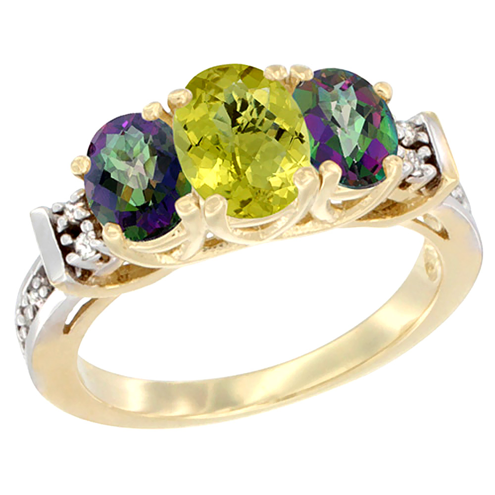 10K Yellow Gold Natural Lemon Quartz & Mystic Topaz Ring 3-Stone Oval Diamond Accent