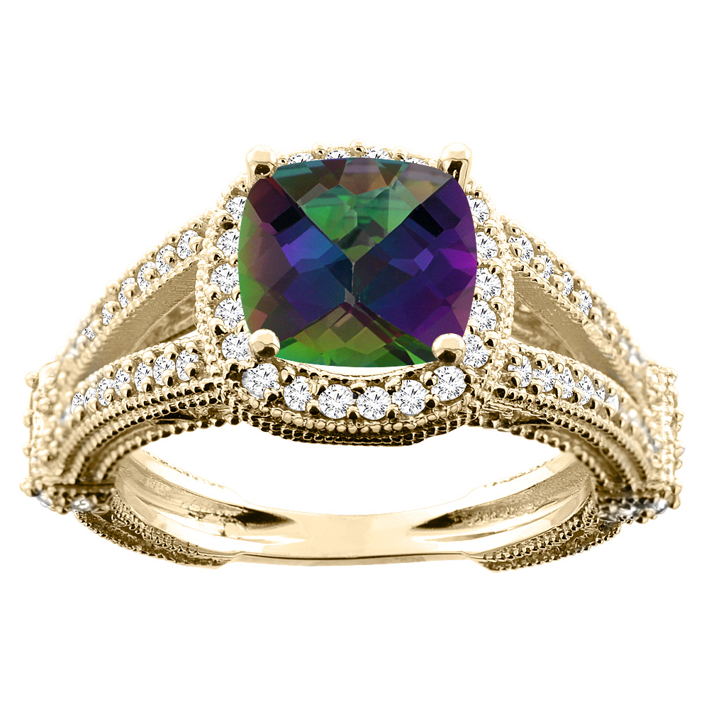 14K White/Yellow/Rose Gold Natural Mystic Topaz Cushion 8x8mm Diamond Accent 3/8 inch wide, sizes 5 - 10