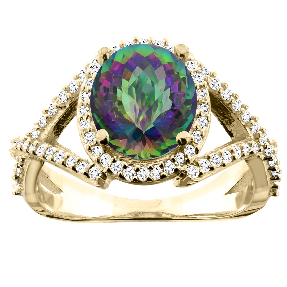 14K Yellow Gold Natural Mystic Topaz Ring Oval 9x7mm Diamond Accent, size 5