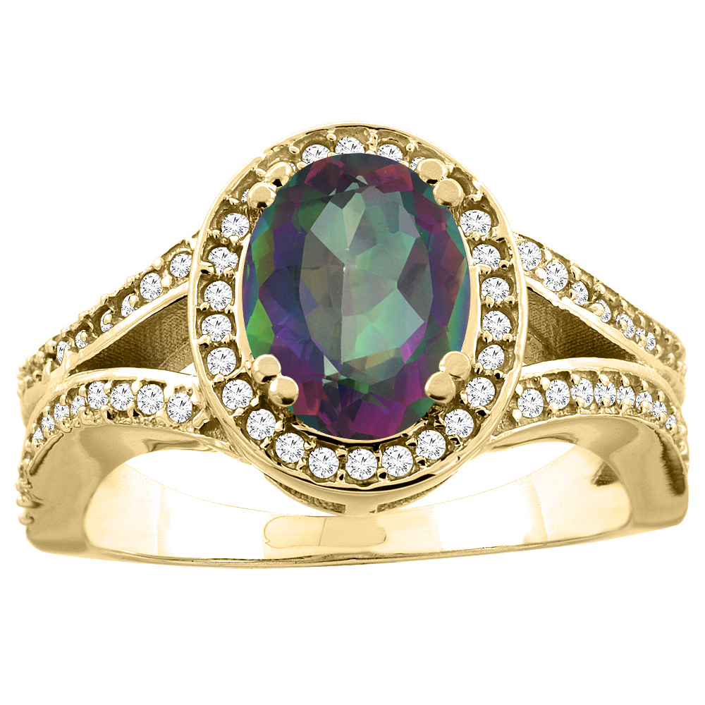 14k Gold Diamond Halo Genuine Mystic Topaz Ring Split Shank Oval 8x6mm, size 5-10