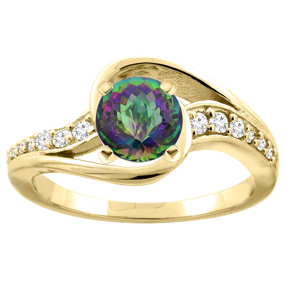 14K White/Yellow Gold Natural Mystic Topaz Bypass Ring Round 6mm Diamond Accent, sizes 5 - 10