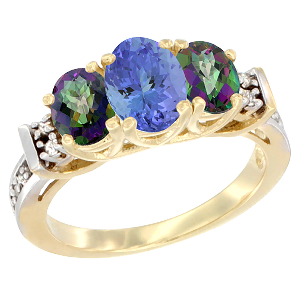 10K Yellow Gold Natural Tanzanite & Mystic Topaz Ring 3-Stone Oval Diamond Accent