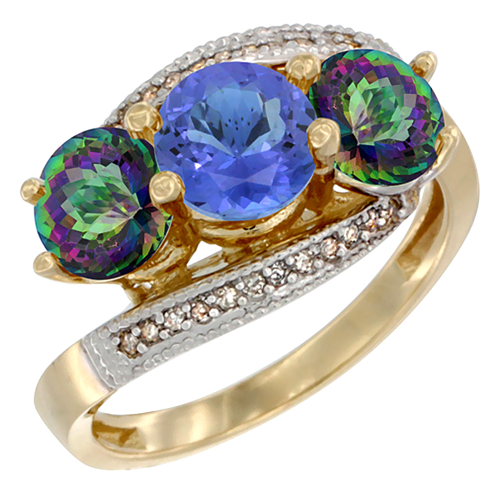 10K Yellow Gold Natural Tanzanite & Mystic Topaz Sides 3 stone Ring Round 6mm Diamond Accent, sizes 5 - 10