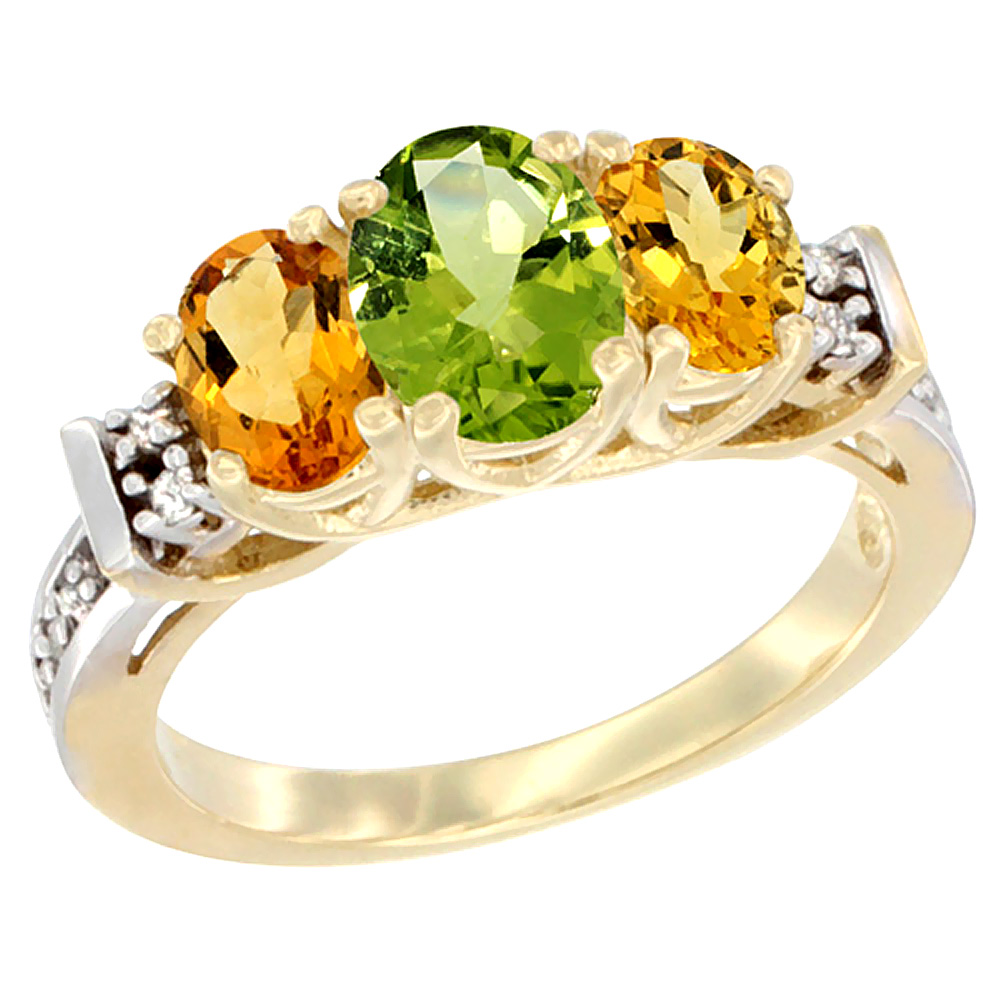 10K Yellow Gold Natural Peridot & Citrine Ring 3-Stone Oval Diamond Accent