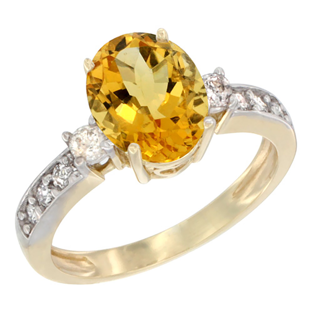 10K White Gold Natural Citrine Ring Oval 9x7 mm Diamond Accent, sizes 5 - 10