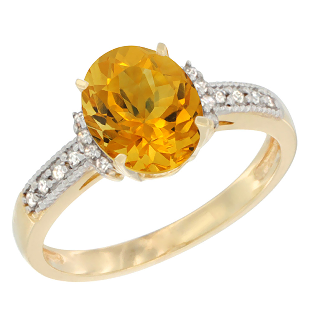 10K Yellow Gold Natural Citrine Ring Oval 9x7 mm Diamond Accent, sizes 5 - 10