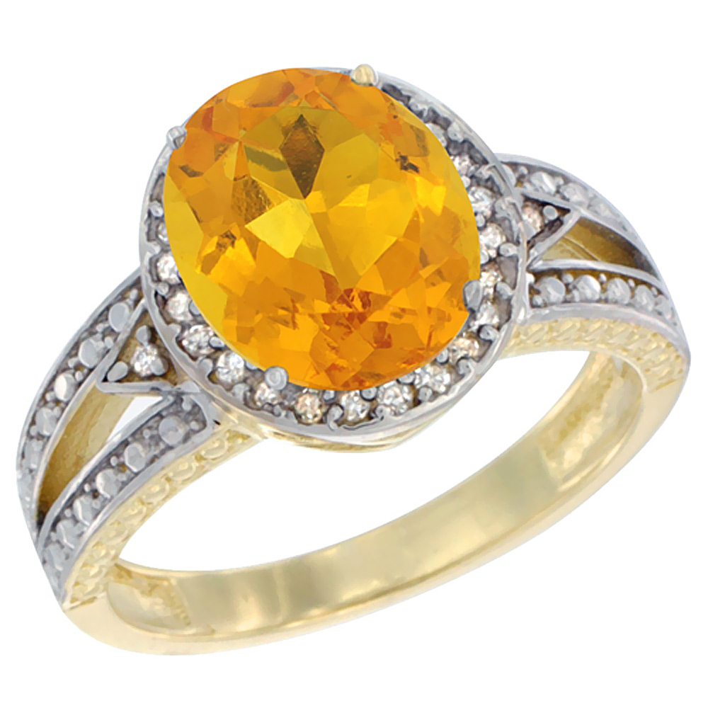10k Yellow Gold Natural Citrine Ring Oval 9x7 mm Diamond Halo, sizes 5 - 10