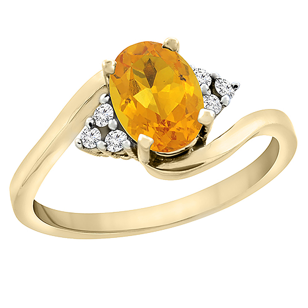 10K White Gold Diamond Natural Citrine Engagement Ring Oval 7x5mm, sizes 5 - 10