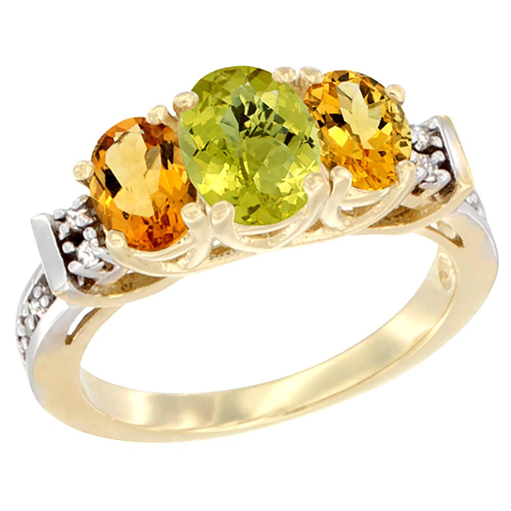 10K Yellow Gold Natural Lemon Quartz & Citrine Ring 3-Stone Oval Diamond Accent