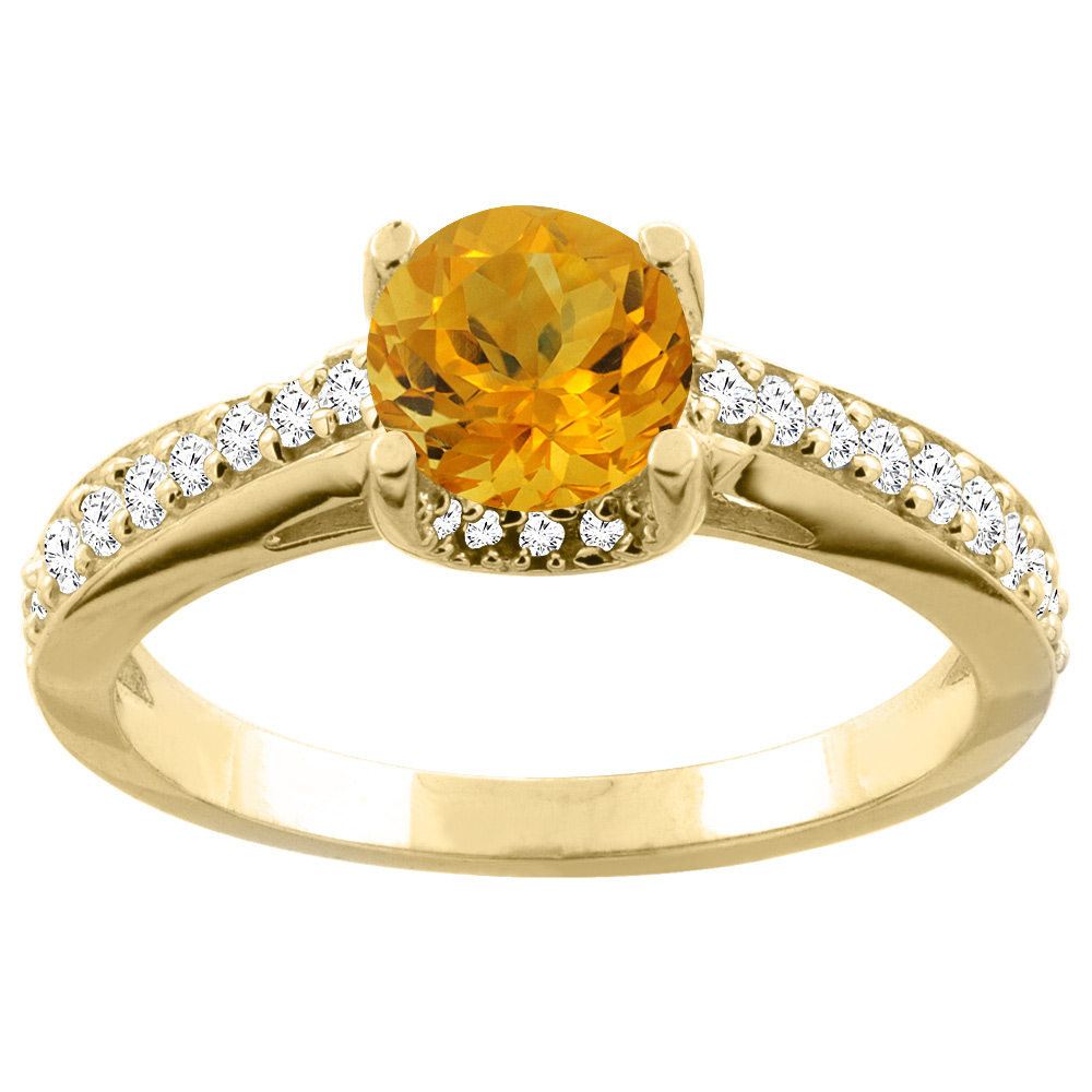 10K Yellow Gold Natural Citrine Ring Round 6mm Diamond Accents 1/4 inch wide, sizes 5 - 10