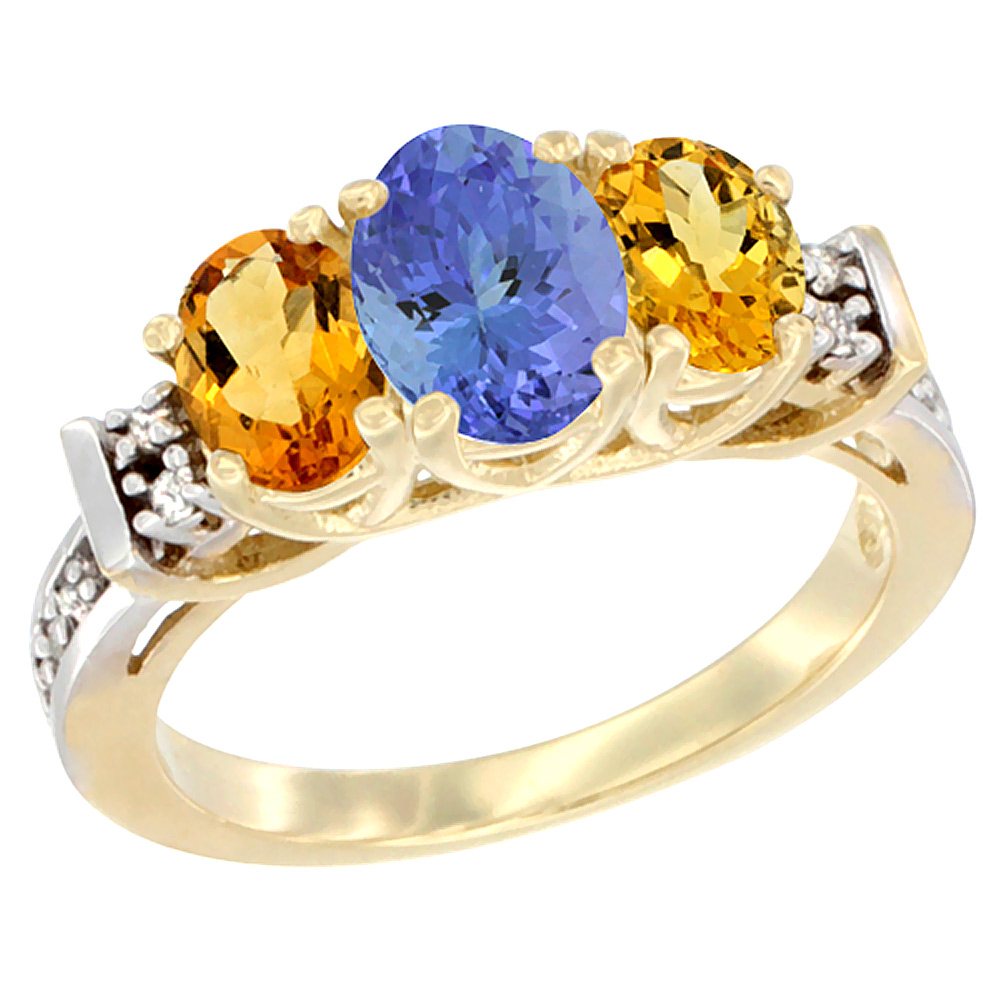 10K Yellow Gold Natural Tanzanite & Citrine Ring 3-Stone Oval Diamond Accent