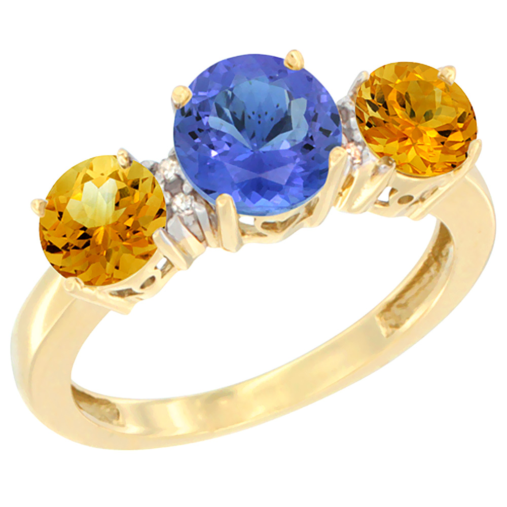 10K Yellow Gold Round 3-Stone Natural Tanzanite Ring & Citrine Sides Diamond Accent, sizes 5 - 10