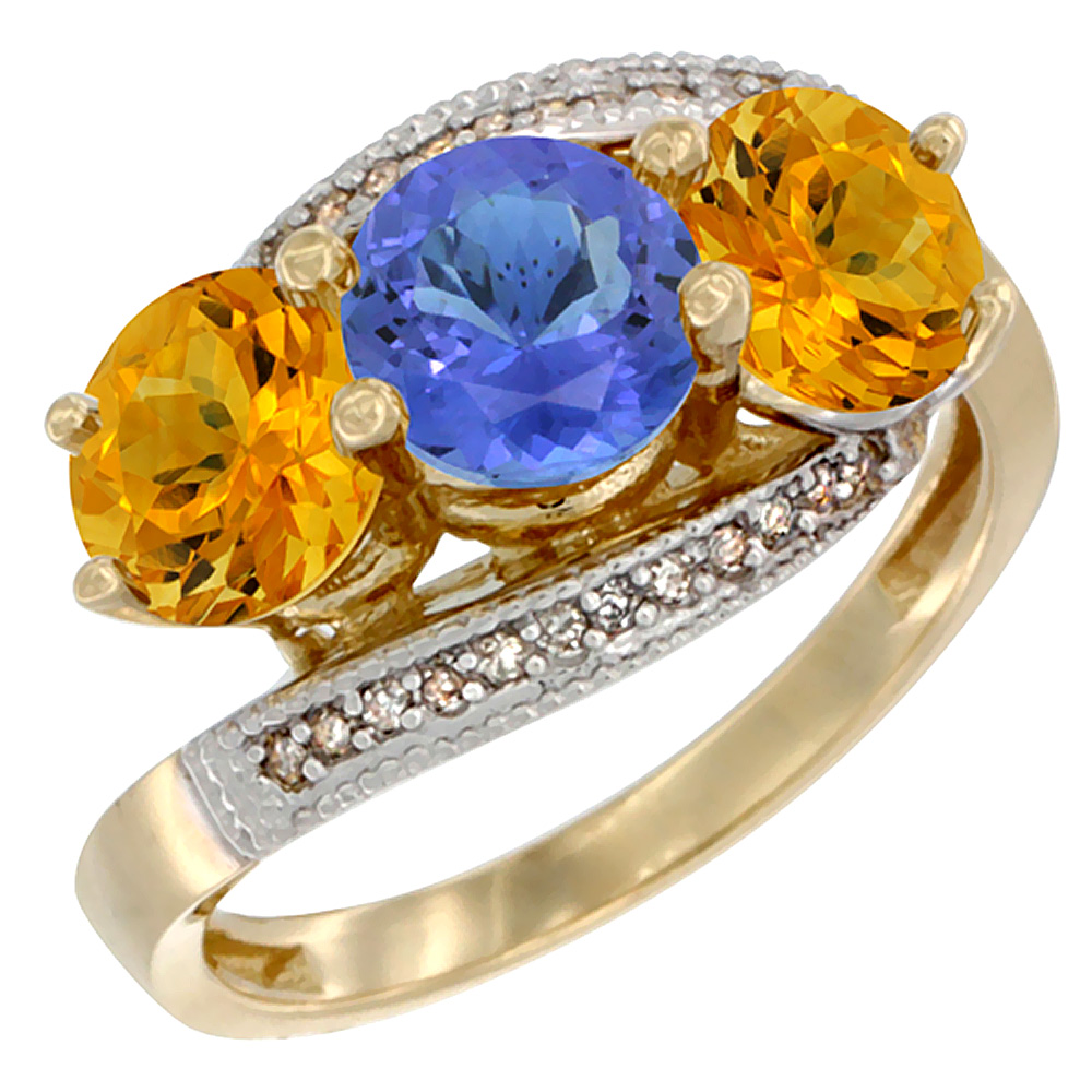 10K Yellow Gold Natural Tanzanite & Citrine Sides 3 stone Ring Round 6mm Diamond Accent, sizes 5 - 10