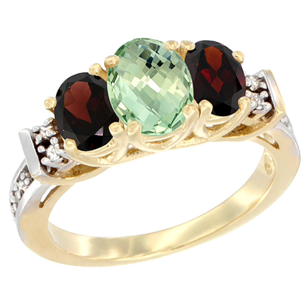 10K Yellow Gold Natural Green Amethyst & Garnet Ring 3-Stone Oval Diamond Accent