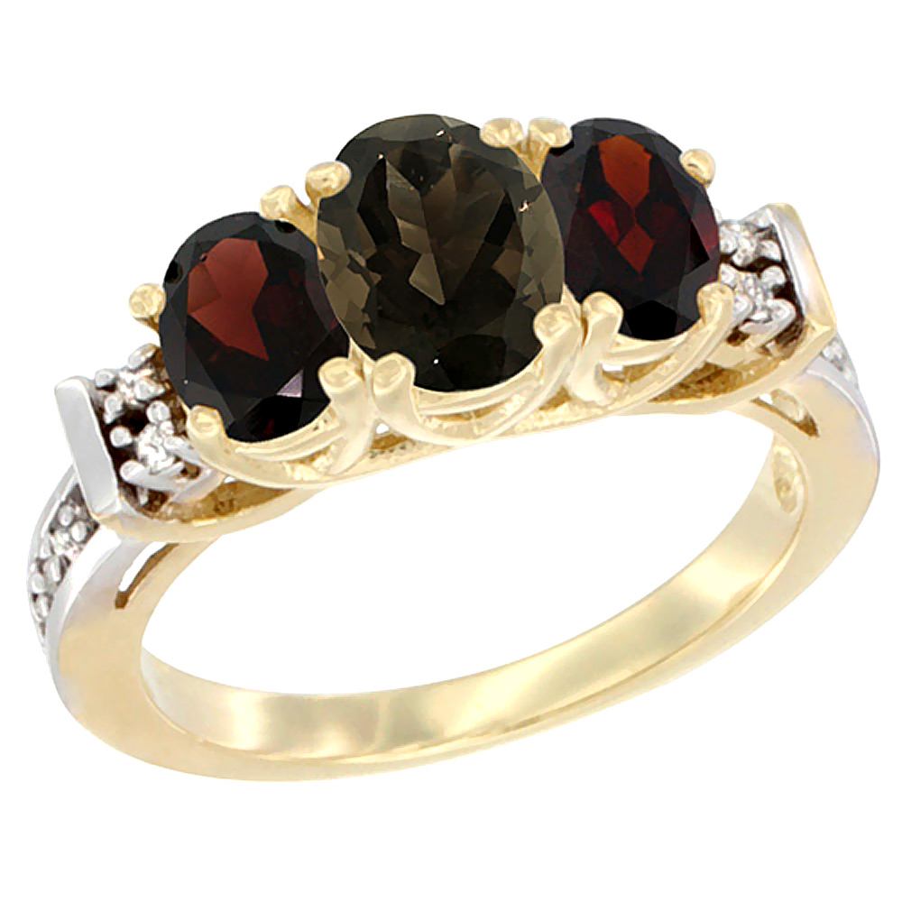 14K Yellow Gold Natural Smoky Topaz & Garnet Ring 3-Stone Oval Diamond Accent