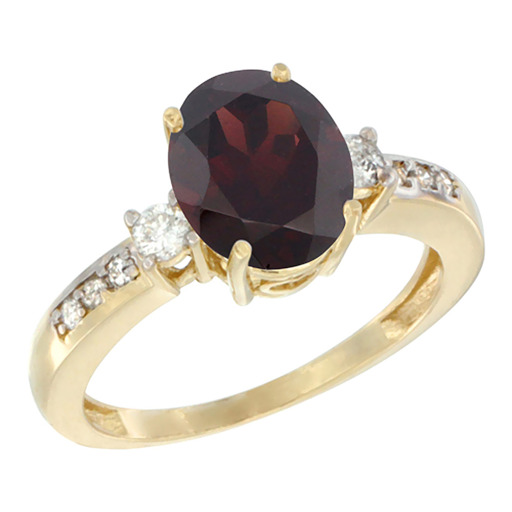 10k Yellow Gold Natural Garnet Ring Oval 9x7 mm Diamond Accent, sizes 5 - 10