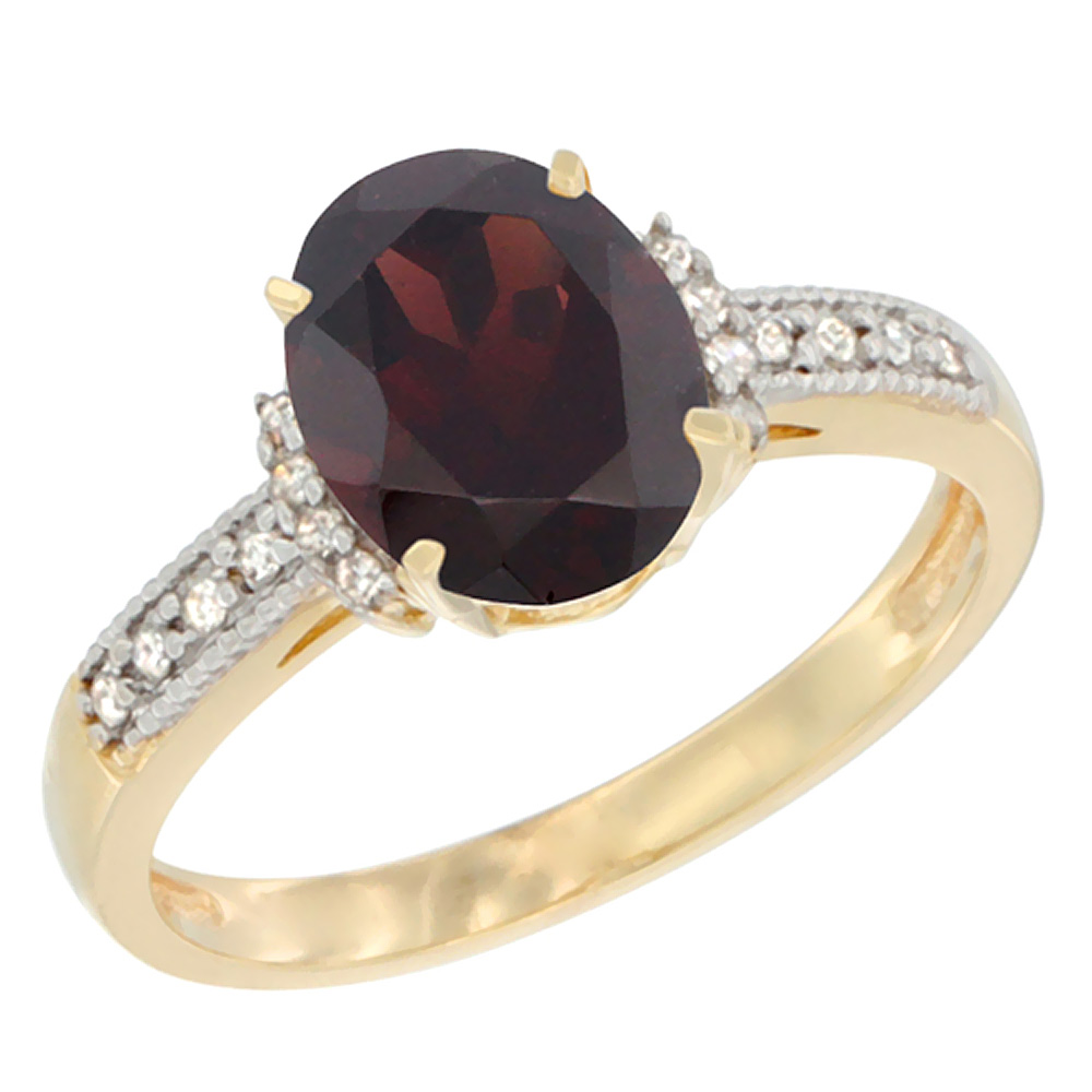 10K Yellow Gold Natural Garnet Ring Oval 9x7 mm Diamond Accent, sizes 5 - 10