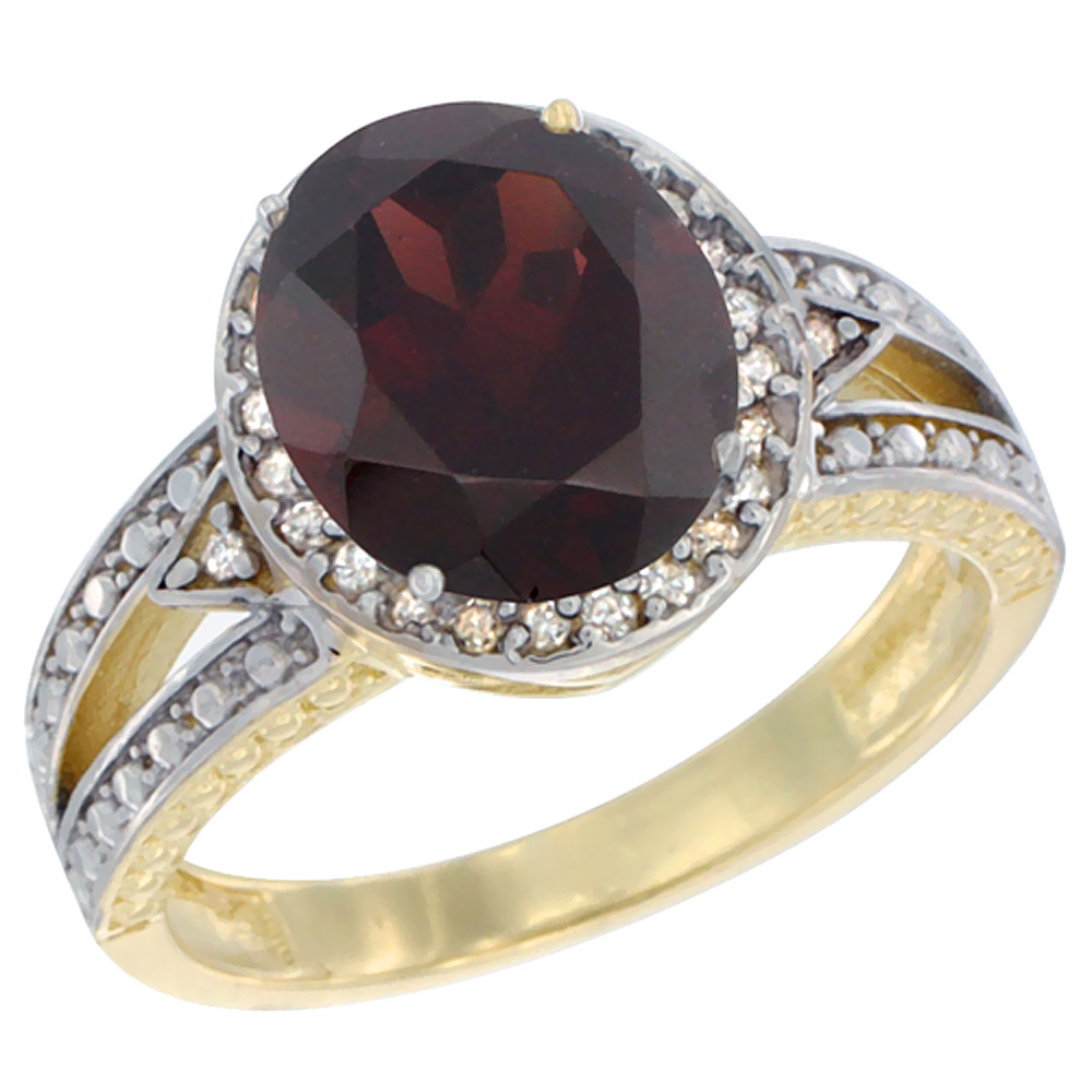 10k Yellow Gold Natural Garnet Ring Oval 9x7 mm Diamond Halo, sizes 5 - 10